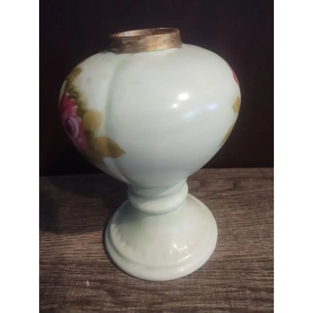 Lefton Vintage Porcelain Bud Vase Hand Painted 4169 Green Roses oil lamp base